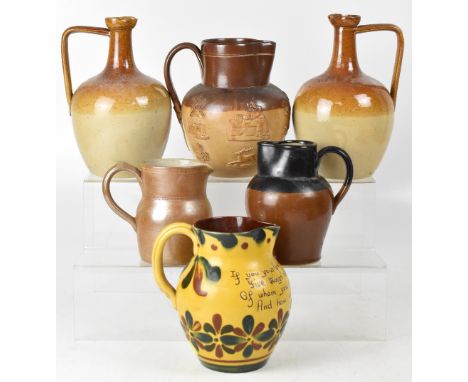 A collection of six 19th century and later stoneware jugs to include two Doulton Lambeth salt glazed ewer jugs, height of eac