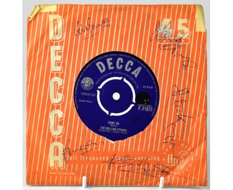 THE ROLLING STONES; a single 'Come On/I Want to Be Loved', bearing the signatures of the band members to the sleeve.We have n