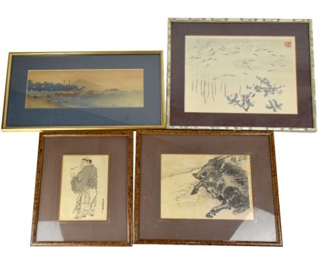 Five Oriental pictures including two Chinese woodblock prints with inscriptions, one of an elder holding a scroll and another