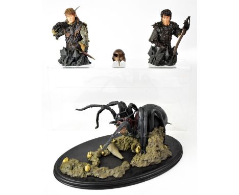 THE LORD OF THE RINGS; a polystone figure of Shelob and two collectible mini busts of Sam Gamgee and Frodo Baggins (af) in or