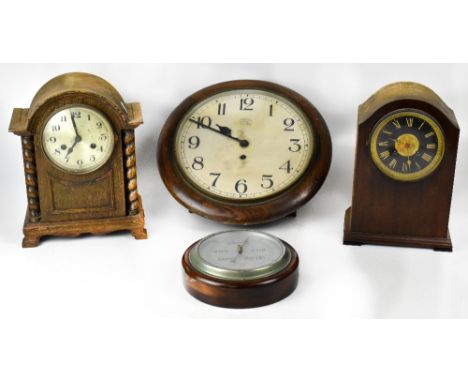A Victorian oak-framed circular wall clock, the cream dial set with Roman numerals and stamped 'Anvil', diameter 29cm, togeth