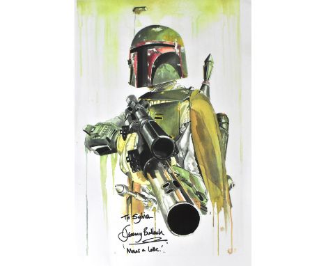 STAR WARS INTEREST; a coloured print of Boba Fett, inscribed 'To Sylvia' and bearing the signature of Jeremy Bullock, further
