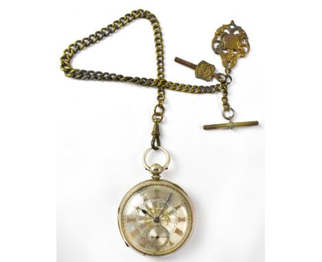 A 19th century hallmarked silver open face pocket watch, the silvered engine turned dial set with raised Roman numerals and s