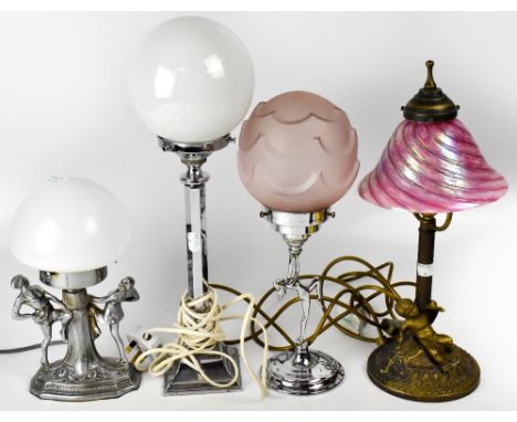 A group of four Art Deco and Art Deco style lamps to include an original chrome column lamp to stepped square base, with opaq