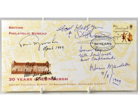 NELSON MANDELA; a 1996 first day cover bearing four signatures, including Nelson and Winnie Mandela, along with two others.We