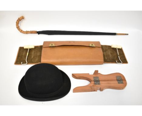 Various vintage gentlemen's items to include a Morgan &amp; Ball of London bowler hat, inside circumference 57cm, a black umb