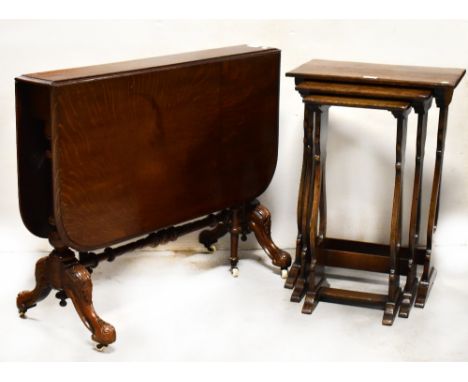 A Victorian oak Sutherland drop-leaf occasional table, with wrythen twist columns to acanthus leaf carved outswept supports u