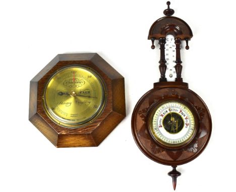 A late Victorian carved walnut aneroid barometer/thermometer set with white enamelled dial and an oak cased Short and Mason o
