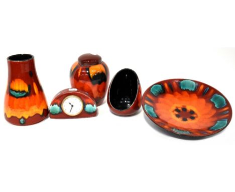 POOLE; a group of five ceramics in the 'Volcano' design to include a shallow dish, diameter 26cm, an abstract vase, height 14