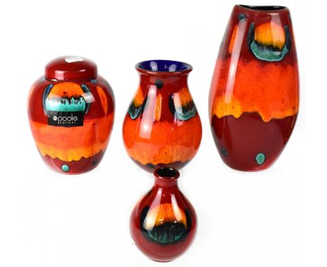 POOLE; a ginger jar, height 18cm, a bud vase, a Venetian vase and a tall purse vase, height 26cm, all in the 'Volcano' patter