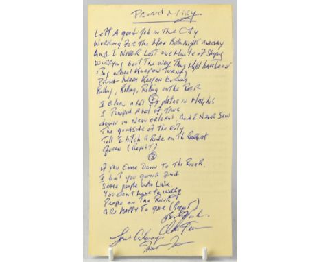 IKE & TINA TURNER; hand written lyrics for the song 'Proud Mary', bearing the signatures of both Ike and Tina Turner, with th