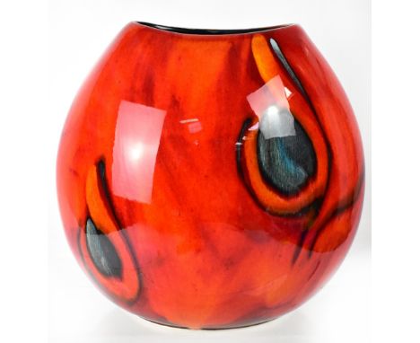 POOLE; a large purse vase in the 'Peacock' pattern, vibrant orange red ground with blue design, impressed initial 'S' to base