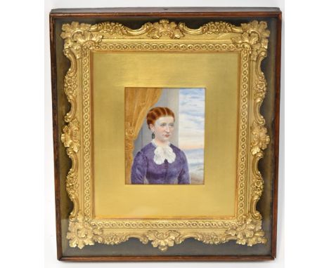 MARY L WING OF 96 CANNING STREET, LIVERPOOL (19th century); watercolour portrait of a lady be windowsill, with lake and mount