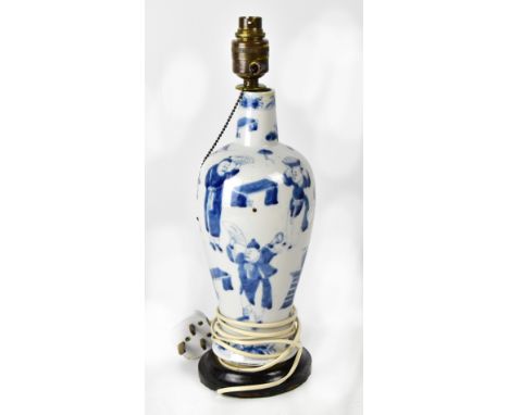 A 19th century Chinese blue and white baluster vase with figural decoration of various Chinese merchants, converted to a tabl