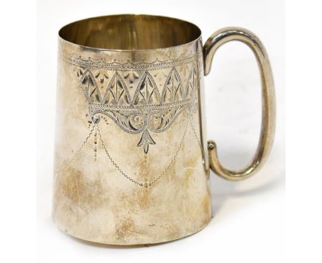An Edwardian hallmarked silver Christening mug of tapered form, with engine turned Neo-Classical style decoration and blank c