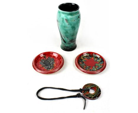 Anita Harris; an art pottery tall baluster vase in the 'Dolphins' pattern, height 18cm, two hand painted ceramic plaques, bot