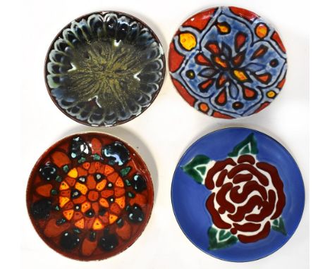 POOLE; a group of four non-matching decorative plates to include an example by N. Massarello, vibrant blue ground with abstra