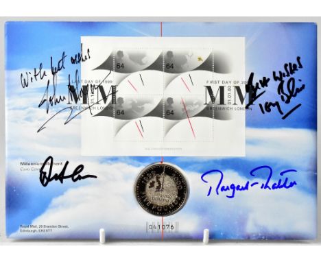 BRITISH POLITICS; a first day coin cover bearing the signatures of Margaret Thatcher, Tony Blair, John Major and one other.We