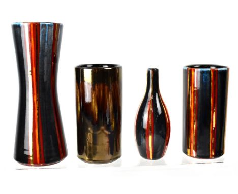 POOLE; three matching varying shaped vases to include a waisted example, a cylindrical example and a bud vase in the 'Decaden