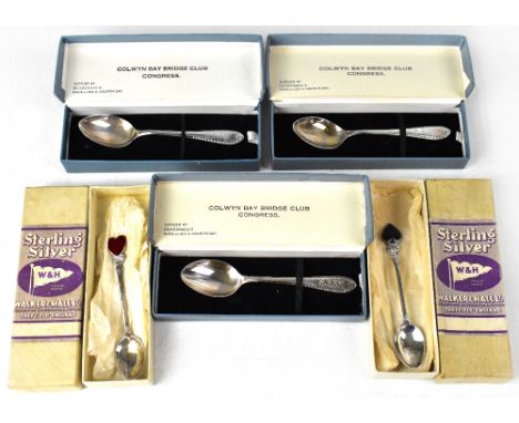 BRIDGE INTEREST; three hallmarked silver teaspoons with initials 'CBBC' for Colwyn Bay Bridge Club, each in presentation box,