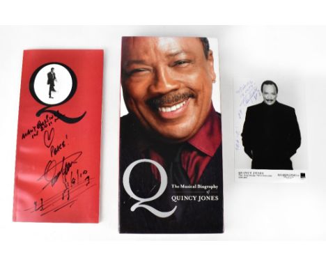 QUINCY JONES; three items bearing his signature comprising a box set musical biography, a black and white photograph and a ro