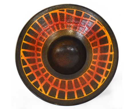 POOLE; a brown and amber ground bowl with recessed centre, to circular footed support, diameter 29cm.