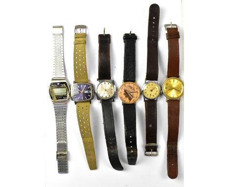 Six gentlemen's fashion wristwatches to include Timex, Josmar, Enicar with day/date, Exactima with lower subsidiary dial, a C