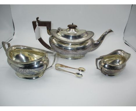 Silver 3 Piece Tea Service, Birmingham 1936, and a Pair of Silver Sugar Tongs, 1162g total