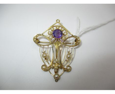15ct Gold Art Nouveau Seed Pearl and Amethyst Brooch, 5.07g