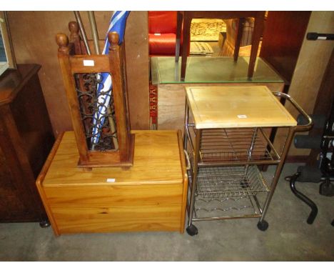 Stick Stand, Ottoman and a Kitchen Trolley