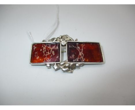 Norman Grant Scottish Silver Abstract Brooch Highlighted in Russet Enamel, Maker's Mark NG with Edinburgh Hallmarks, No Date 