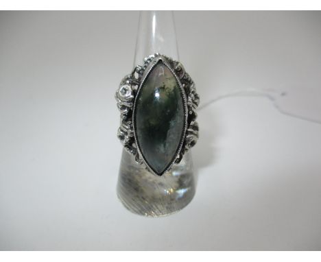 Arts & Crafts Style Large Ring Set with a Pointed Oval Grey/Green Moss Agate
