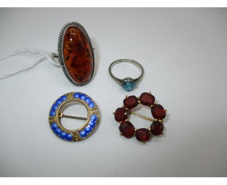 Silver and Enamel Brooch Stamped OPRO, Garnet Brooch, Amber Ring and Blue Stone Ring