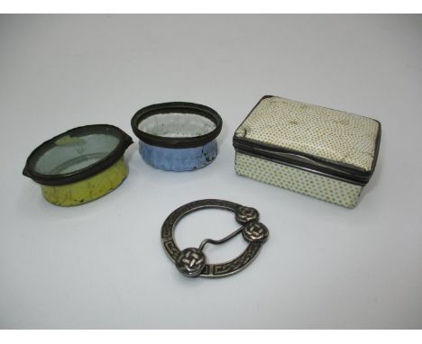 Three Antique Enamel Boxes (one no lid), along with a Silver Brooch