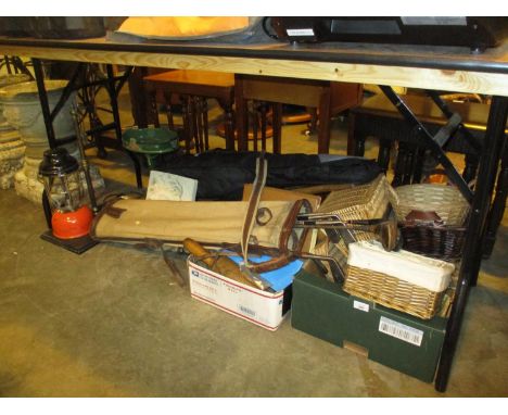Vintage Golf Bag and Clubs, Guitar, Baskets, Balance Scales, Storm Lamp etc