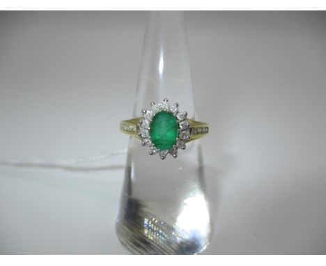 18ct Gold Emerald and Diamond Cluster Ring having Diamond Set Shoulders, Size K