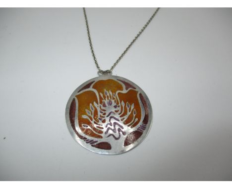 Norman Grant Scottish Silver and Enamel Pendant Decorated as a Flower Head in Ochre Enamel, Maker's Mark NG, Hallmarked Edinb