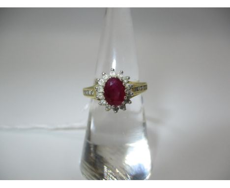 18ct Gold Ruby and Diamond Cluster Ring having Diamond Set Shoulders, Size K