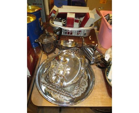Silver Plated 4 Piece Tea Service, Trays, Baskets, Part Canteen of Cutlery and Other Cutlery