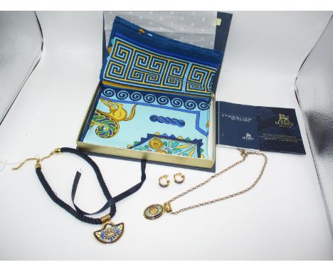 M. Frey Wille Silk Scarf, 2 Necklaces and a Pair of Earrings