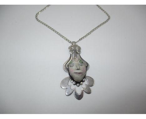 Silver and Ceramic Pendant Formed as a Female Mask on Pierced Silver Frame with Neck Chain, Stamped K.OLIVER, Sterling