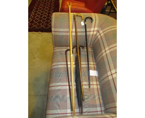 9ct Gold Mounted Walking Stick, 3 Walking Sticks, Wading Stick and a Gents Umbrella