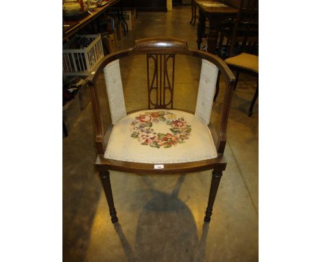 1920's Inlaid Mahogany and Tapestry Seat Occasional Arm Chair