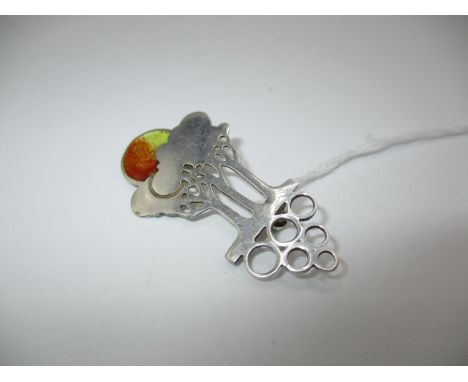 Norman Grant Scottish Silver Brooch with Trees and Sunset Highlighted in Orange and Yellow Enamel, Maker's Mark NG, Hallmarke