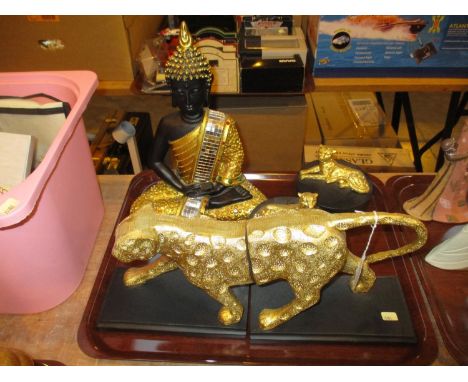 Leopard Bookends and Pair of Trinket Boxes and a Buddha Figure