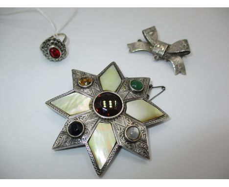 9ct Gold and Silver Ring, Silver Bow Brooch and a Mother of Pearl and Gem Set Star BRooch