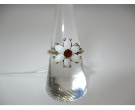 9ct Gold Opal and Garnet Cluster Ring, Size N, 3.06g