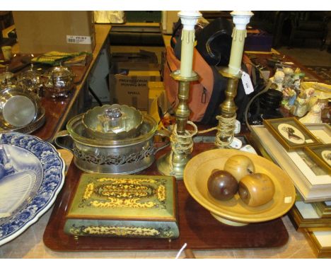 Pair of Brass Candlestick Lamps, Musical Jewel Box etc