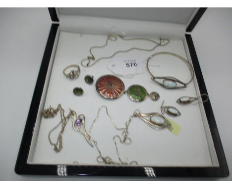 Silver and Enamel Triple Drop Pendant by MG, along with Other Silver Jewellery etc