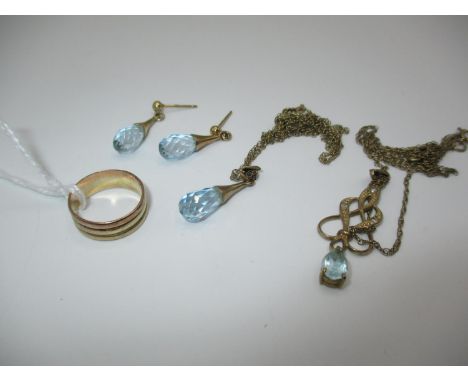 Two 9ct Gold Pale Blue Stone Necklaces and Matching Ear Drops, along with a 9ct Gold Ring, 9.11g